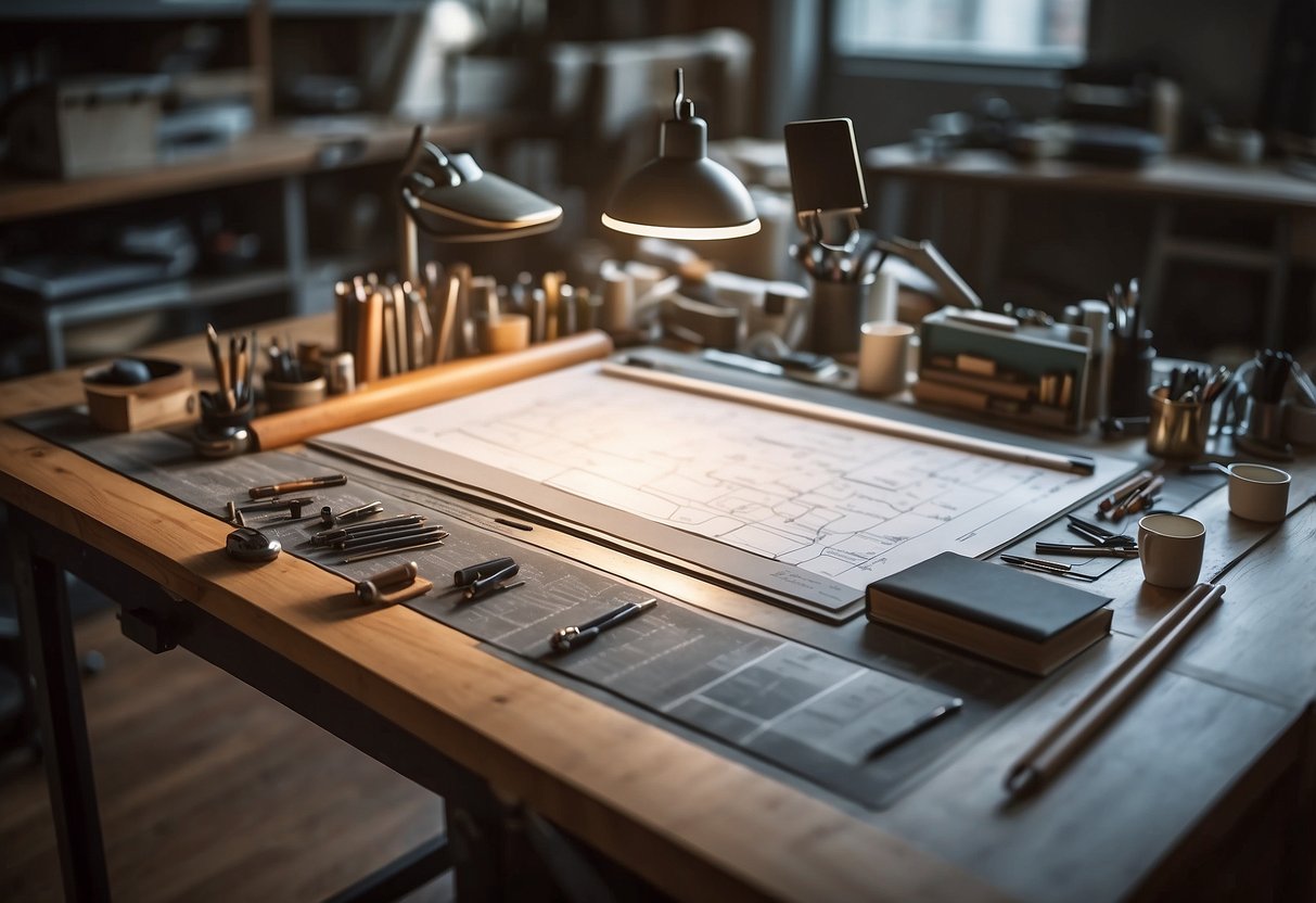 A drafting table with various furniture design tools and materials arranged neatly for work