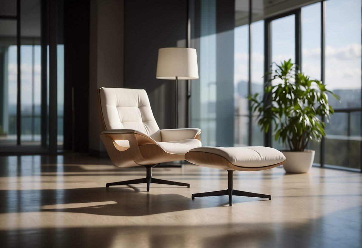 A sleek, modern chair sits in a sunlit room, surrounded by minimalist decor and clean lines
