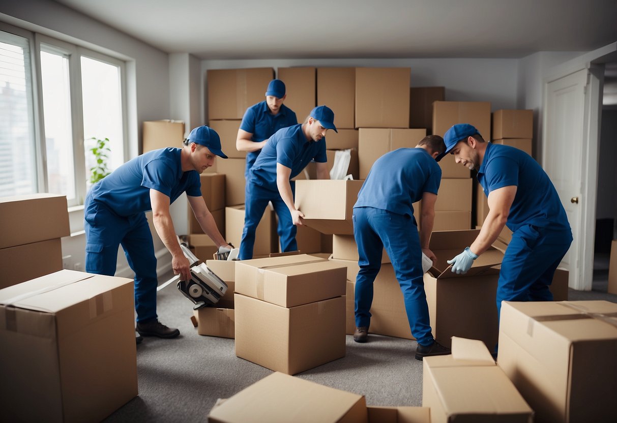 A team of movers swiftly clear out a cluttered room, carrying out furniture and boxes. The space is gradually transformed into an empty, clean area