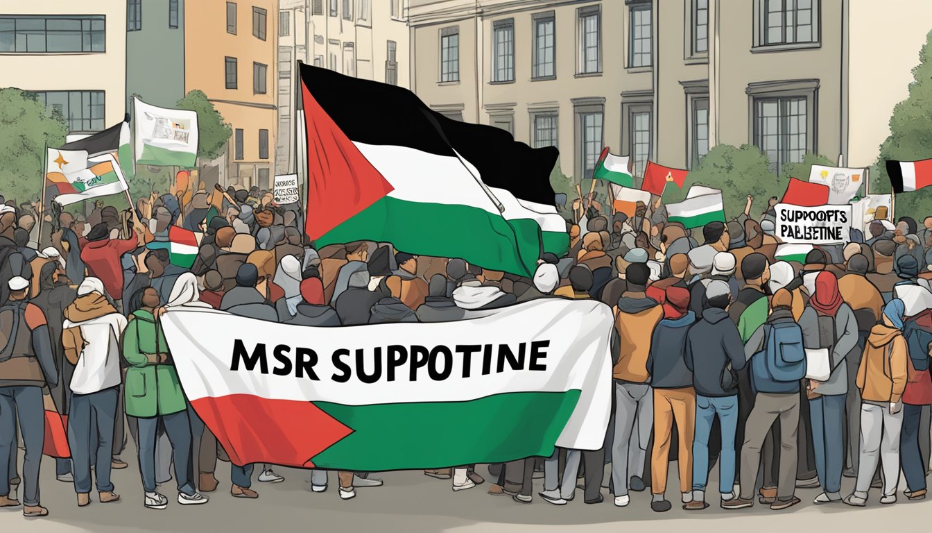 A crowd gathers around a banner reading "MSR supports Palestine" at a peaceful protest. Flags and signs wave in solidarity