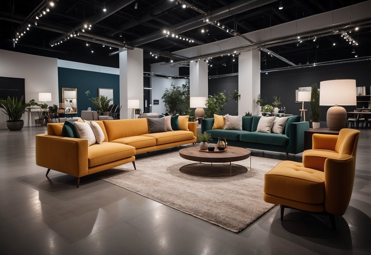 A modern, minimalist furniture showroom with sleek designs and clean lines. Various pieces are displayed with labels and price tags