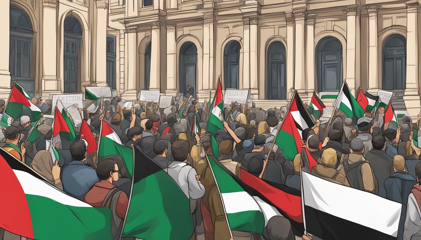 A crowd of people holding signs and flags in support of Palestine, gathered in front of a historical building