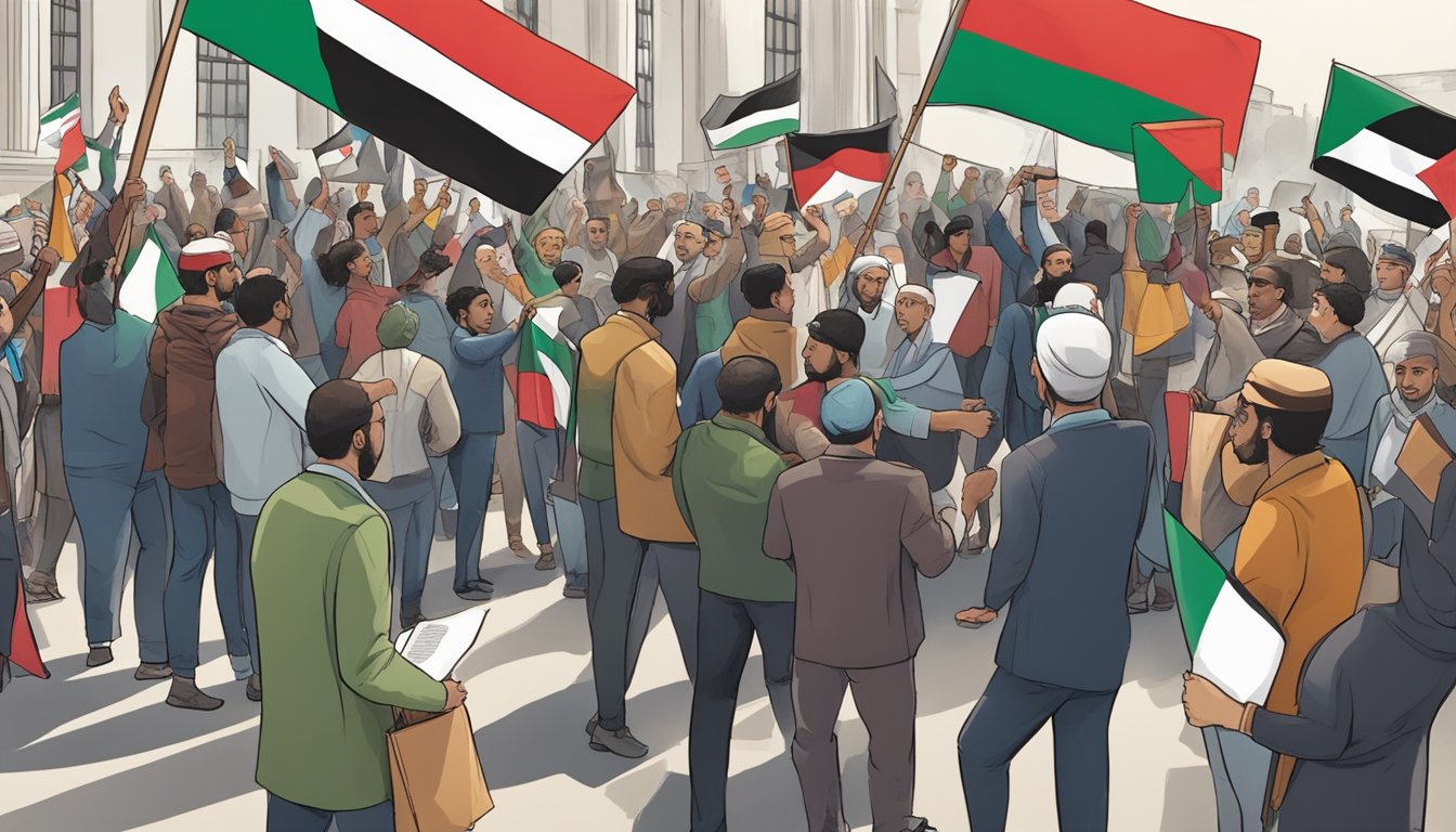 A group of people holding signs and flags, some with the Palestinian flag, gather outside a government building, while others engage in a heated debate about MSR's stance on Palestine