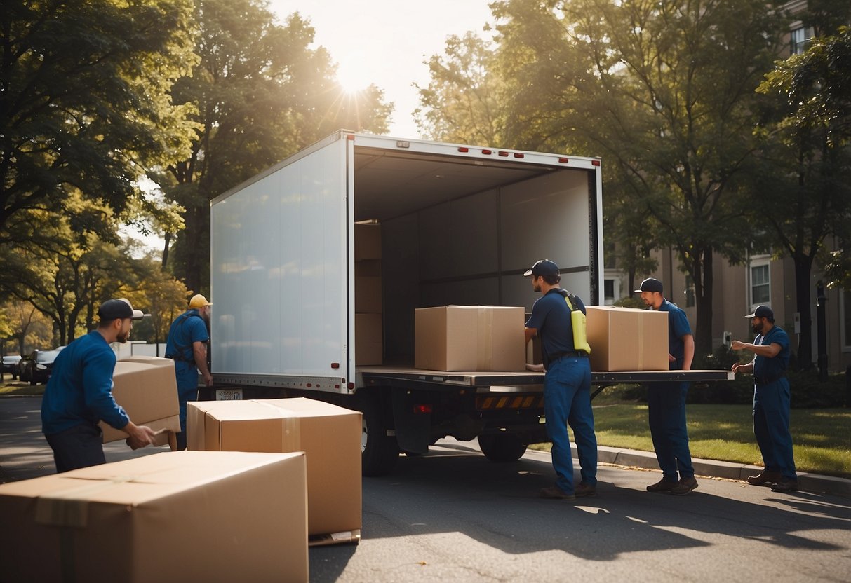 A team of movers carefully loads furniture onto a truck, using padding and straps for protection