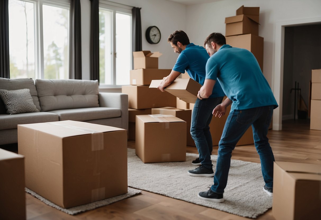 A living room with a sofa, coffee table, and shelves. Boxes and packing materials scattered around. Two movers carrying a heavy couch out the door