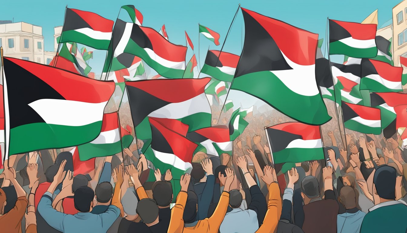 A crowd waves Palestinian flags at a Nemo event