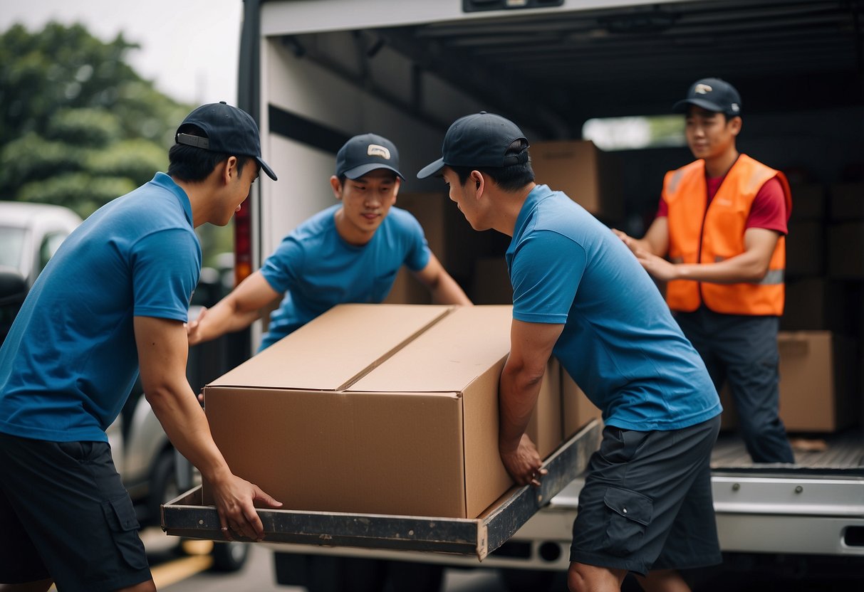 A team of movers carefully load furniture onto a truck in Singapore