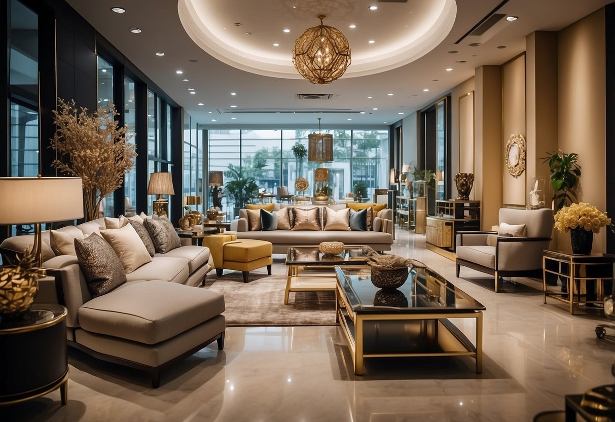 A bustling showroom with modern furniture displays and decorative accents at Hua Kwang Furniture & Decoration