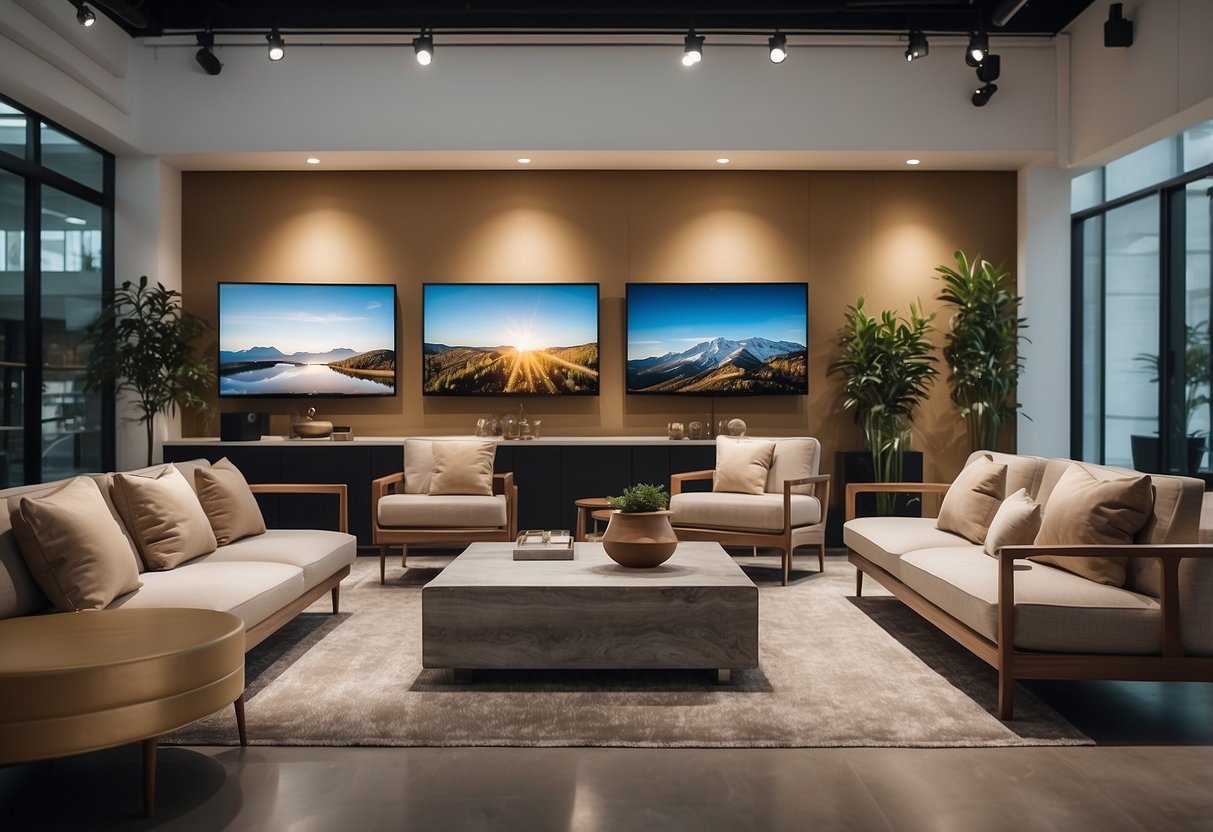 A spacious showroom with modern furniture displays and elegant decoration