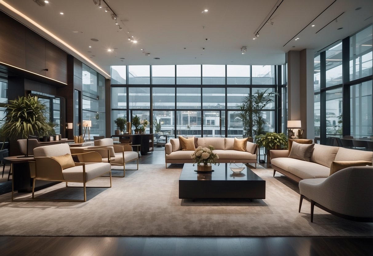 A modern showroom with sleek furniture displays and elegant decor. The HKFD logo prominently displayed