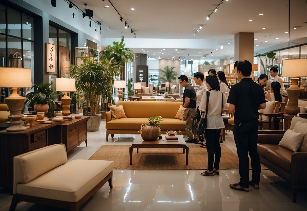 A bustling showroom with customers browsing furniture and decor, staff assisting with inquiries, and a prominent sign displaying "Frequently Asked Questions" at Hua Kwang Furniture & Decoration