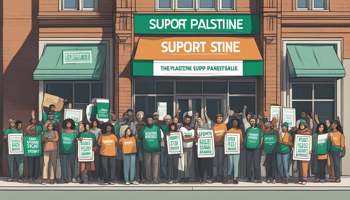 A group of people holding signs with the words "Support Palestine" outside an REI Co-op store