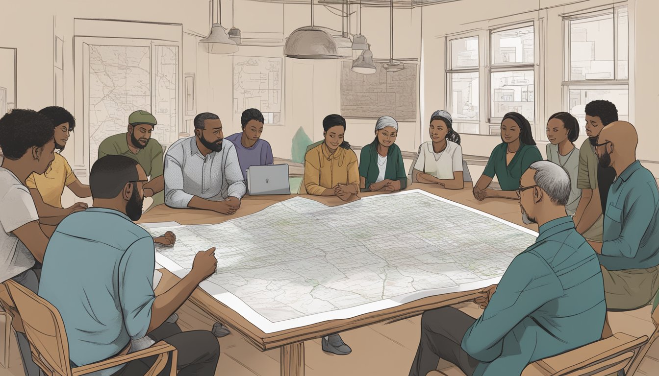 A group of diverse individuals gather around a table, discussing REI Co-op's stance on supporting Palestine. A map of the region is displayed prominently in the background