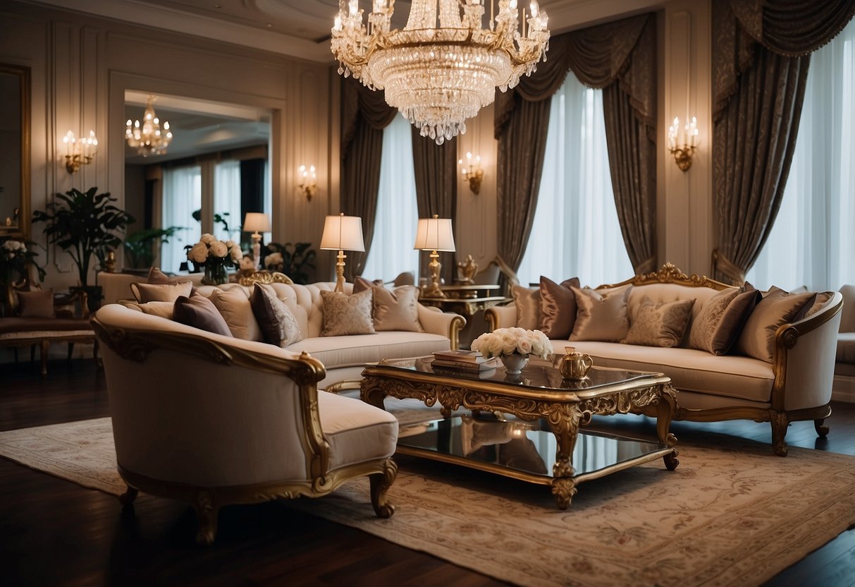The room is filled with luxurious furniture, including a plush sofa, elegant coffee table, and ornate chandelier hanging from the ceiling. Rich fabrics and intricate details adorn each piece, creating a sense of opulence and comfort