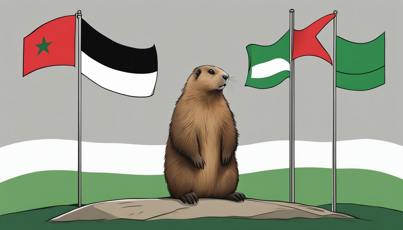 A marmot stands beside a Palestinian flag, symbolizing support for Palestine