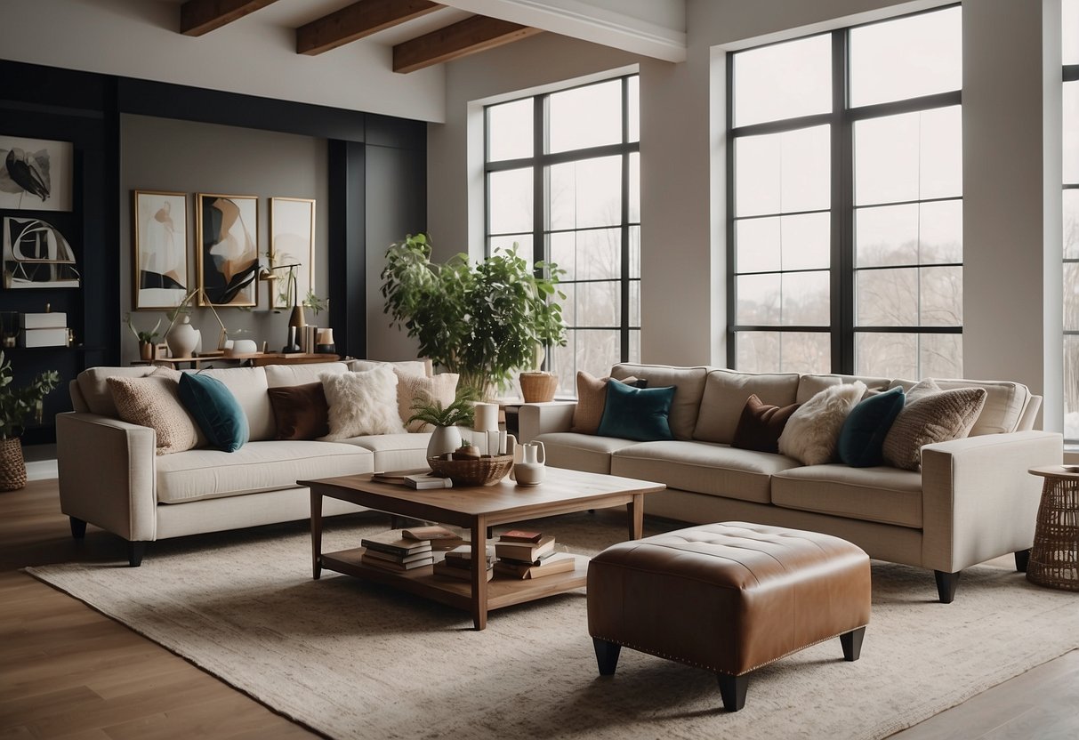 A cozy living room with a variety of plush sofas, elegant armchairs, and stylish coffee tables arranged in a spacious and well-lit showroom