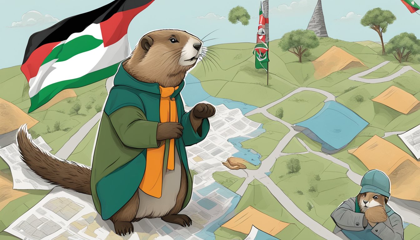 Marmot stands with a raised paw, looking at a map with Palestine highlighted, surrounded by protest signs and flags