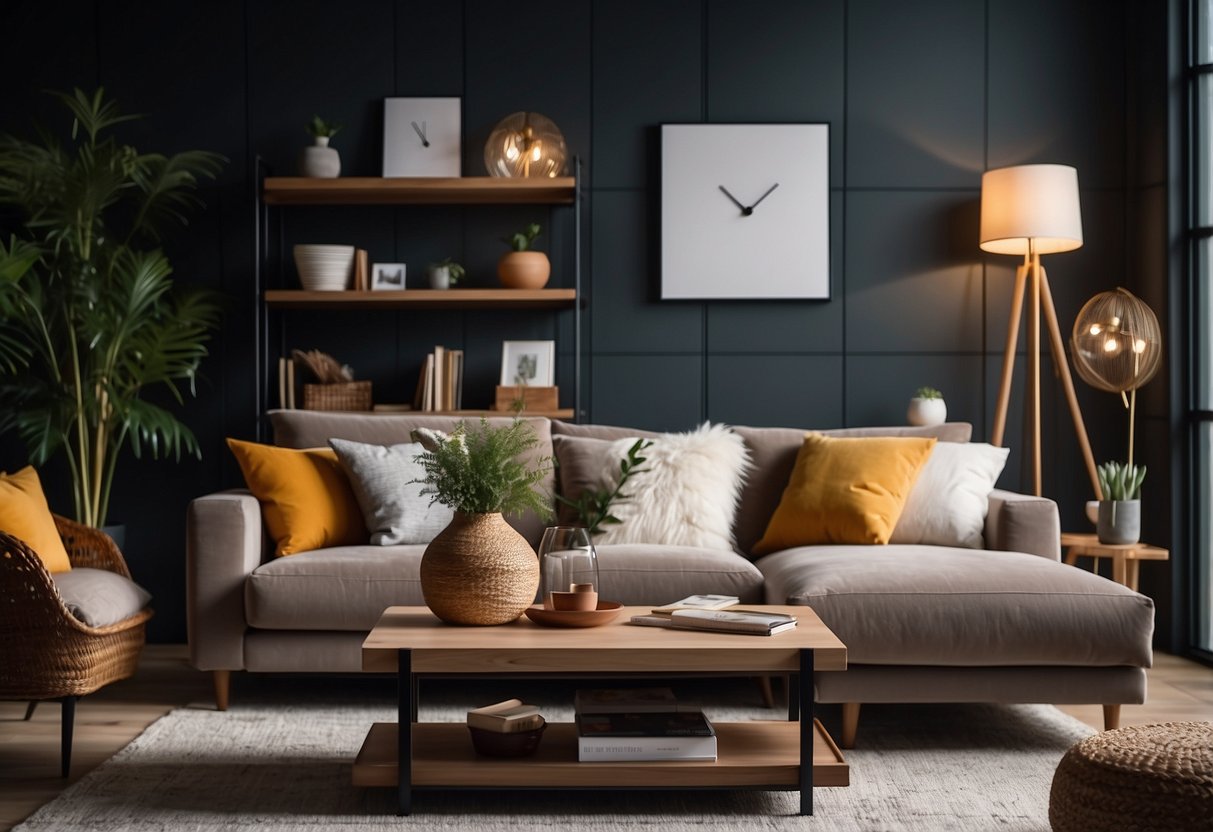 A cozy living room with modern, stylish furniture arranged in a welcoming layout. Soft, plush cushions and warm lighting create a comfortable atmosphere