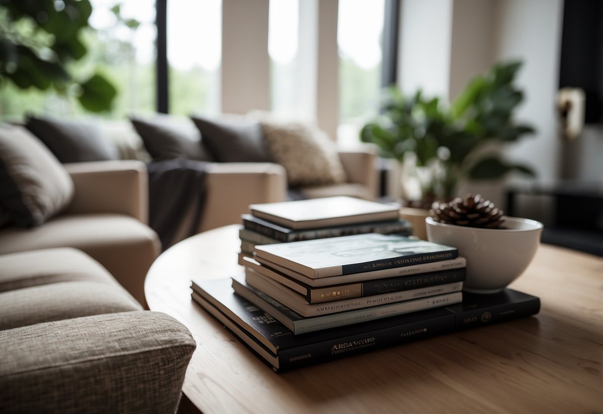 A cozy living room with modern and elegant furniture arranged neatly, a stack of magazines on the coffee table, and a soft rug on the floor
