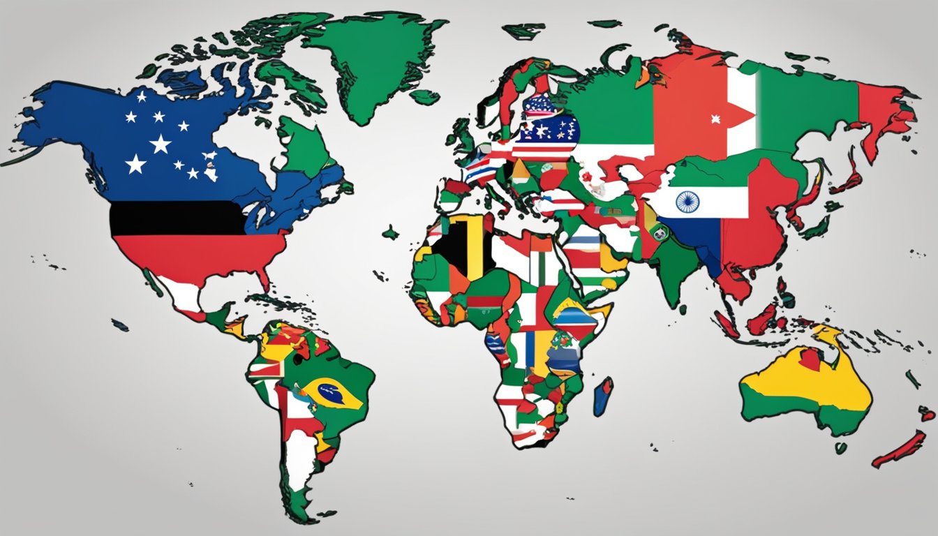 A divided globe with flags of different nations clashing, while a map of Palestine is highlighted