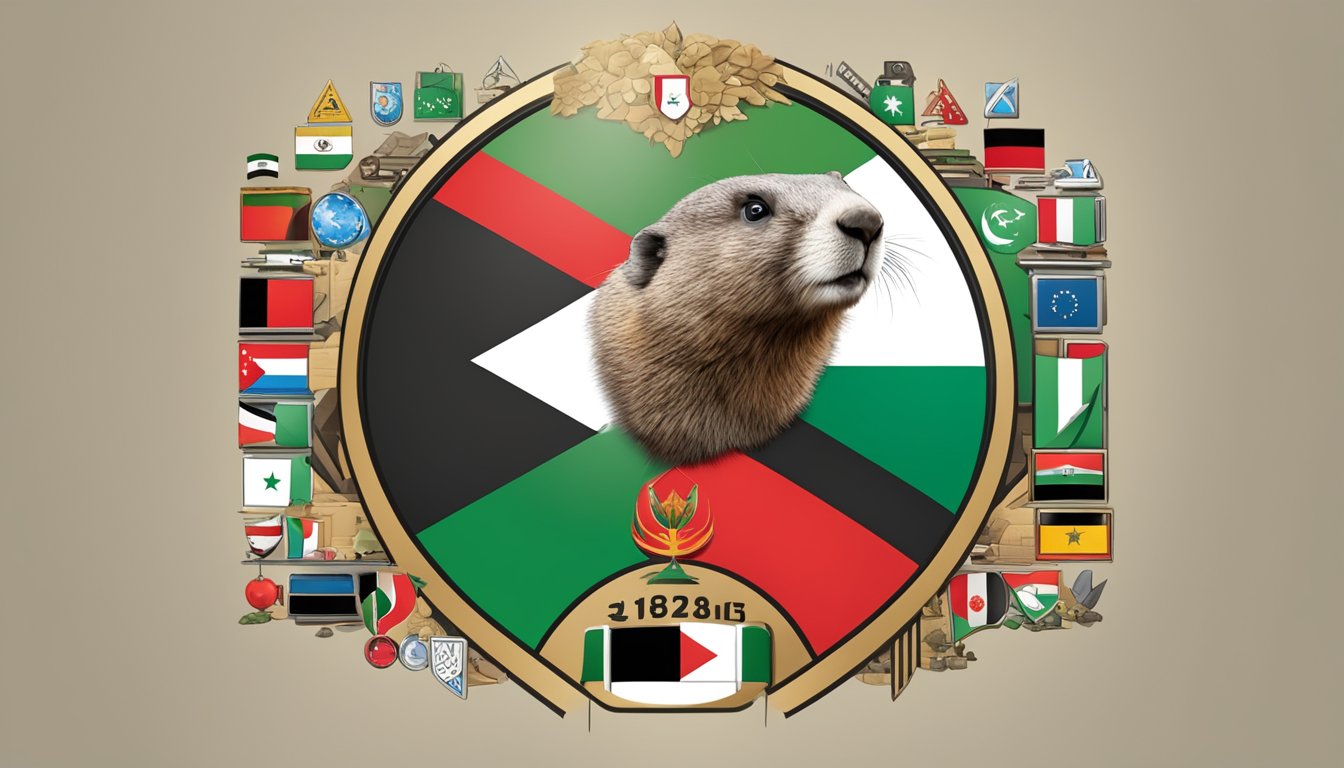 Marmot logo on a backdrop of the Palestinian flag, surrounded by corporate logos and symbols of global companies