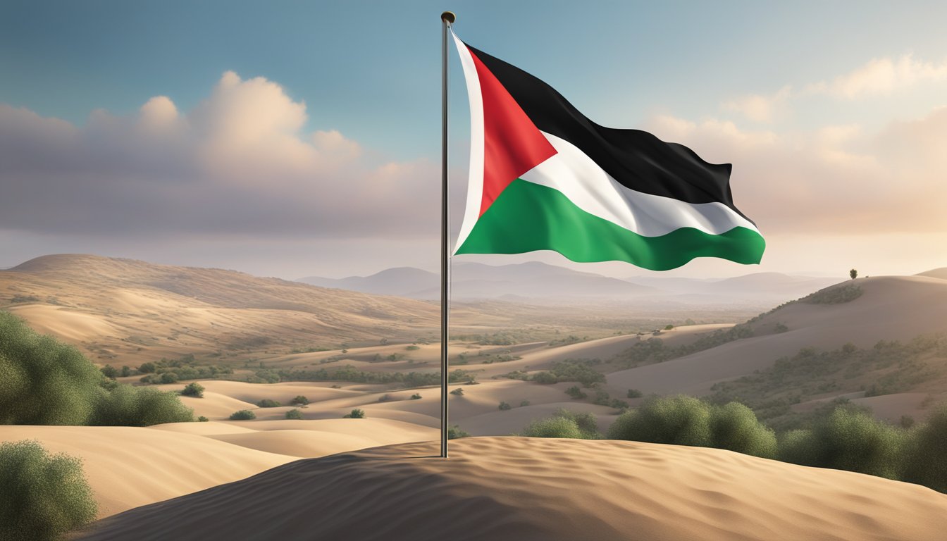 A Palestinian flag waves proudly in the wind, standing tall against a backdrop of a peaceful and hopeful landscape