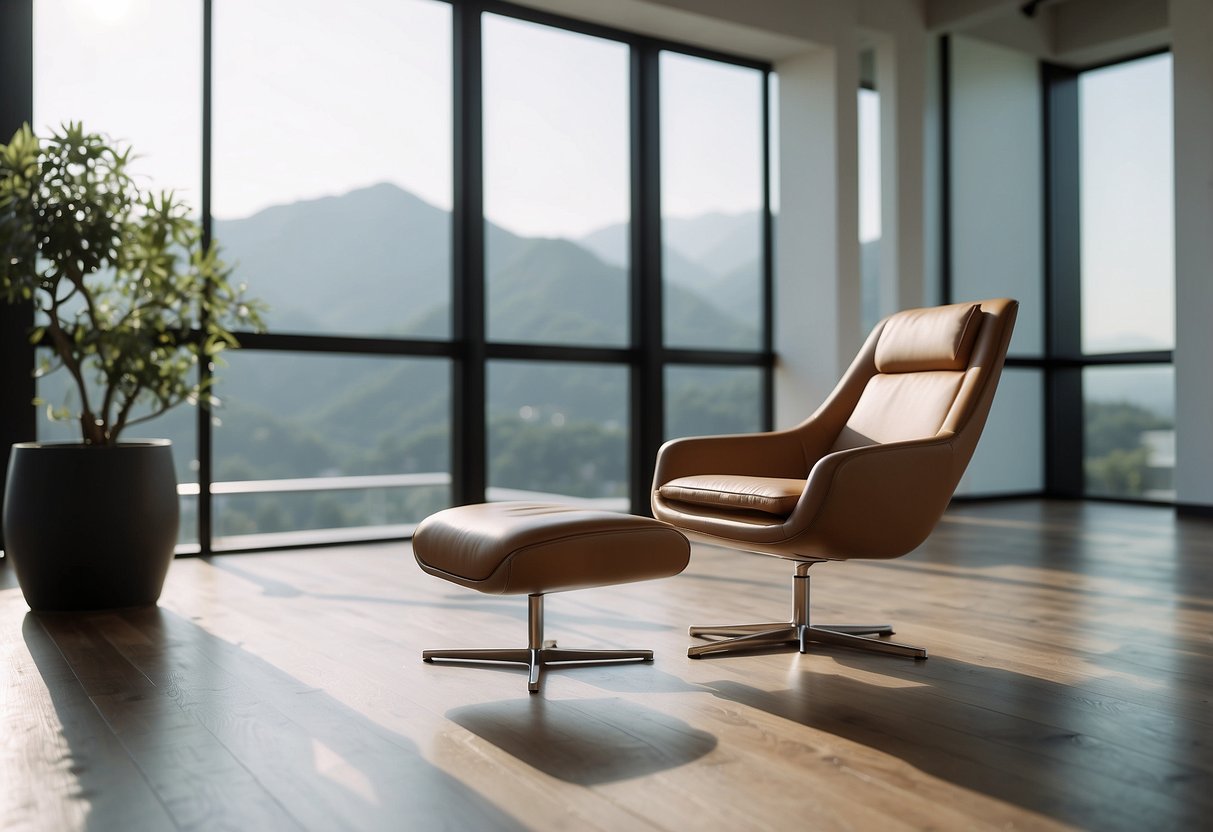 A sleek, minimalist chair with clean lines and geometric shapes sits in a bright, open space with large windows and minimal decor