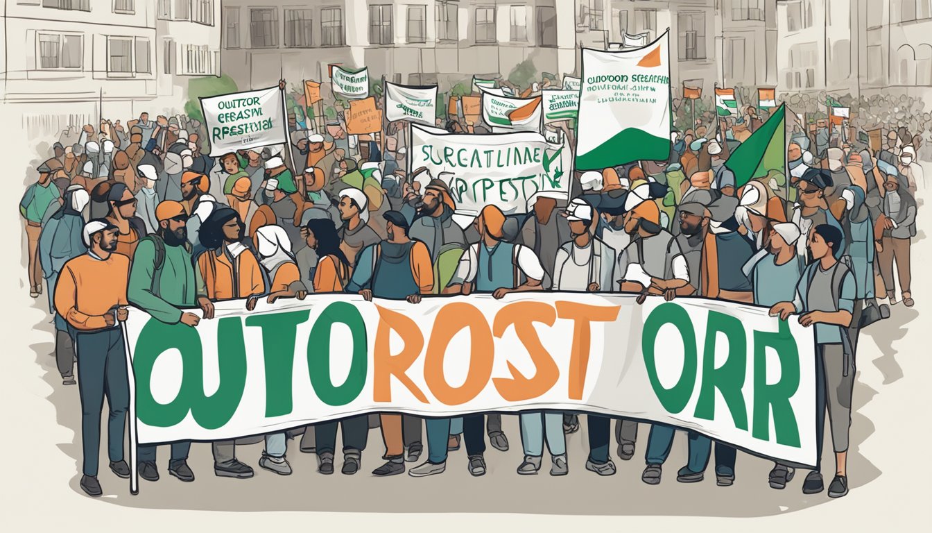 A group of people gather around a banner displaying the words "Outdoor Research supports Palestine" at a peaceful protest