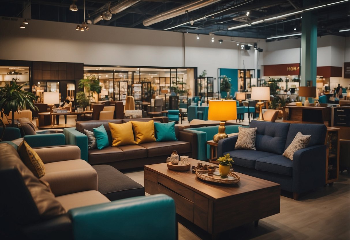 A bustling furniture shop in Paya Lebar, filled with modern and traditional pieces, vibrant colors, and busy staff assisting customers