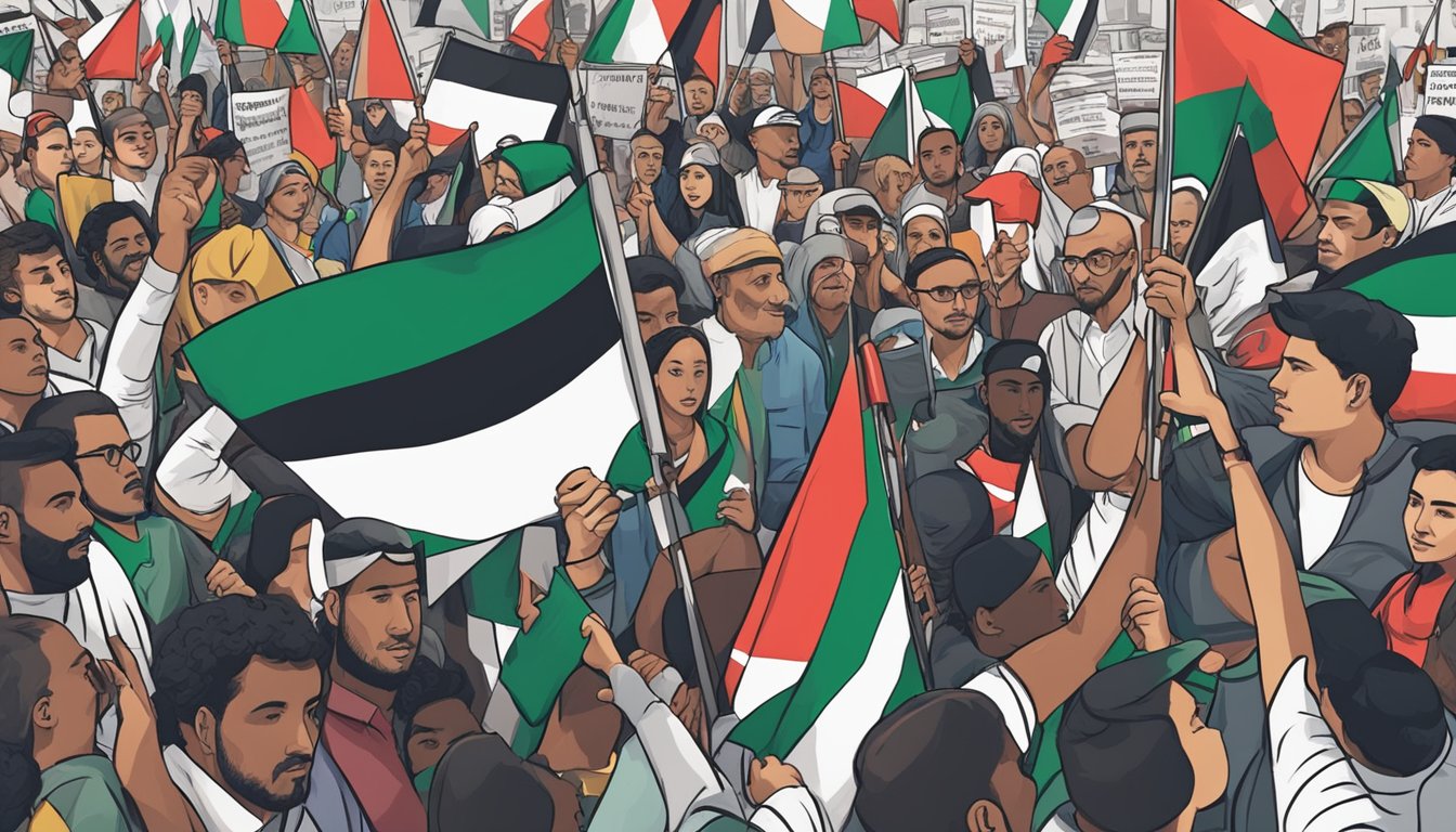 A group of people holding signs and flags in support of Palestine, surrounded by a diverse crowd engaged in discussions and debates