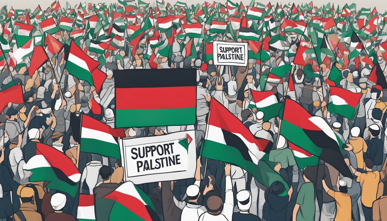 A person holds a sign reading "Support Palestine" at an outdoor rally. Flags and banners in the background show solidarity