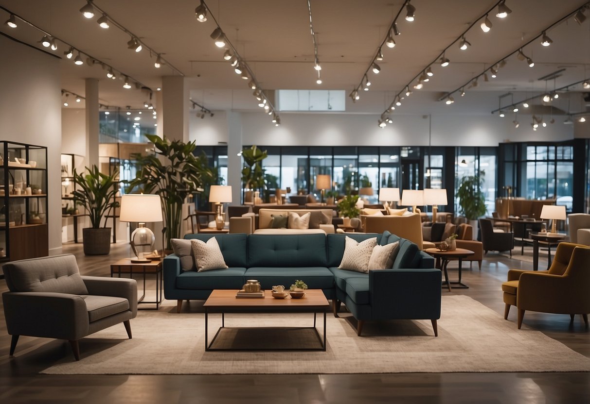 Customers browse modern and traditional furniture in a spacious showroom with large windows, soft lighting, and neatly arranged displays
