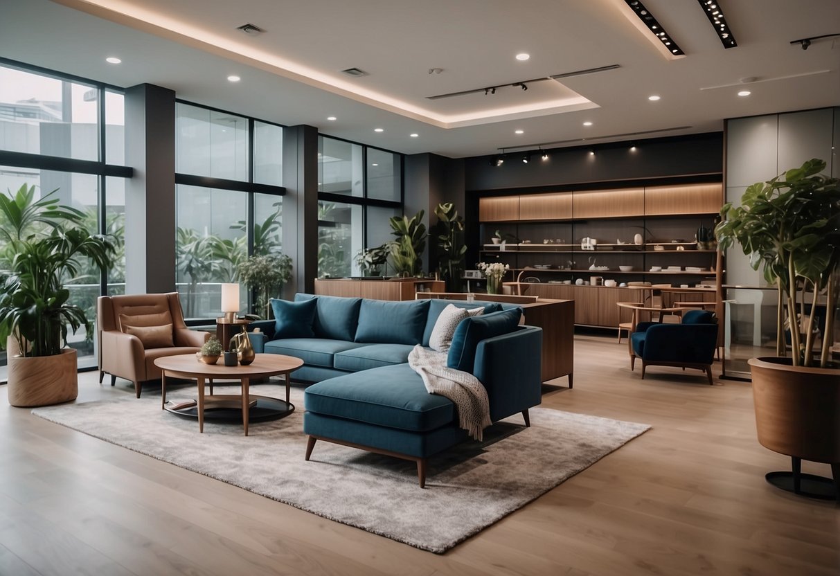 A spacious showroom with modern and classic furniture displayed in an organized and inviting manner at Furnishing Your Space Paya Lebar furniture shop