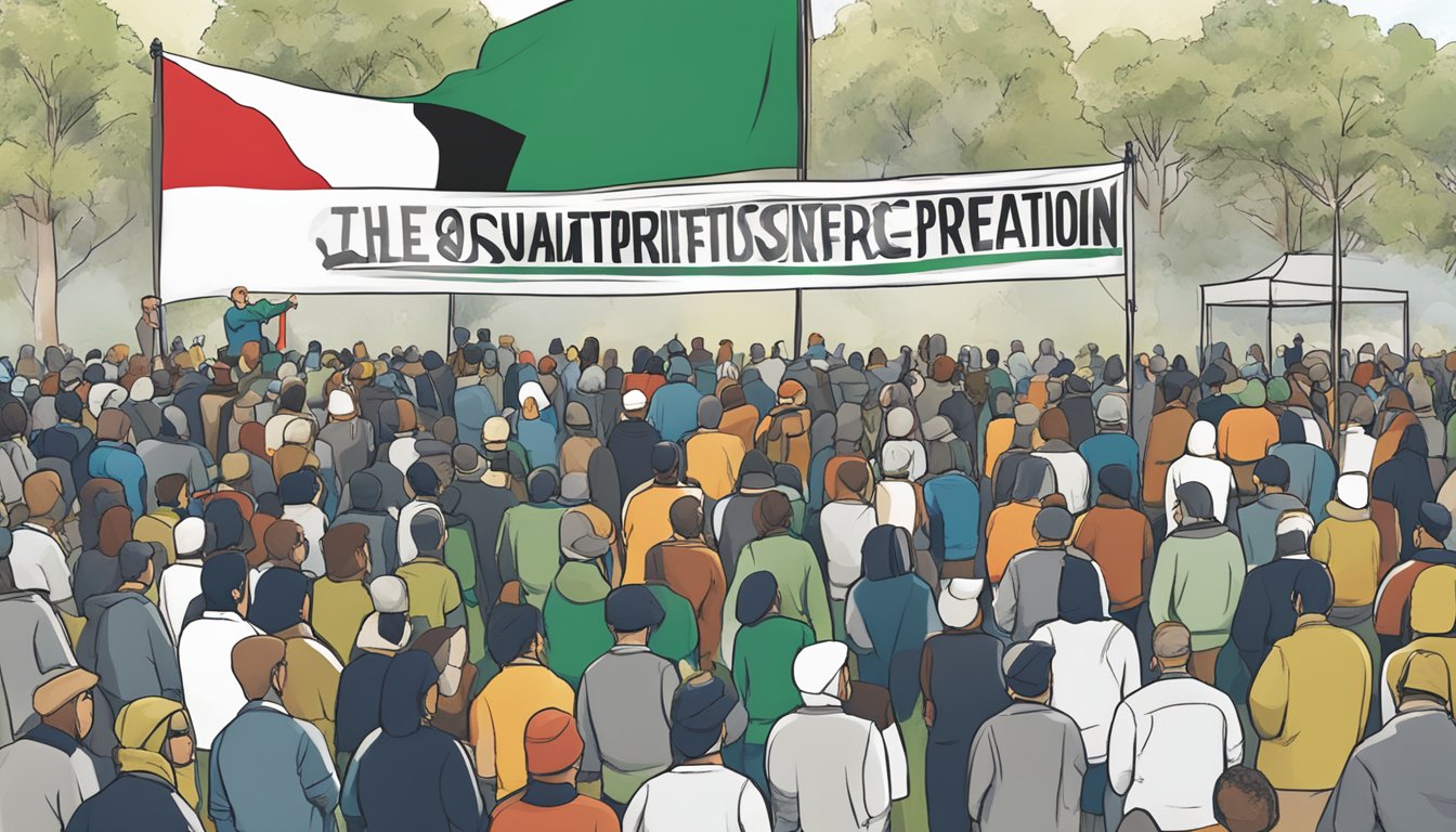 Outdoor Research logo displayed at a peaceful outdoor event, with diverse attendees and a banner advocating for Palestinian support