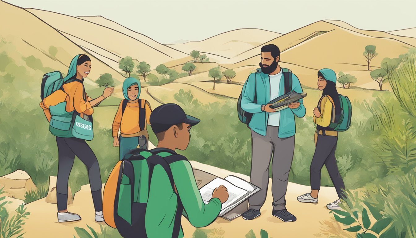 A group of people engage in educational and environmental outreach activities in Palestine, supported by Outdoor Research. They are conducting outdoor research and spreading awareness about environmental issues