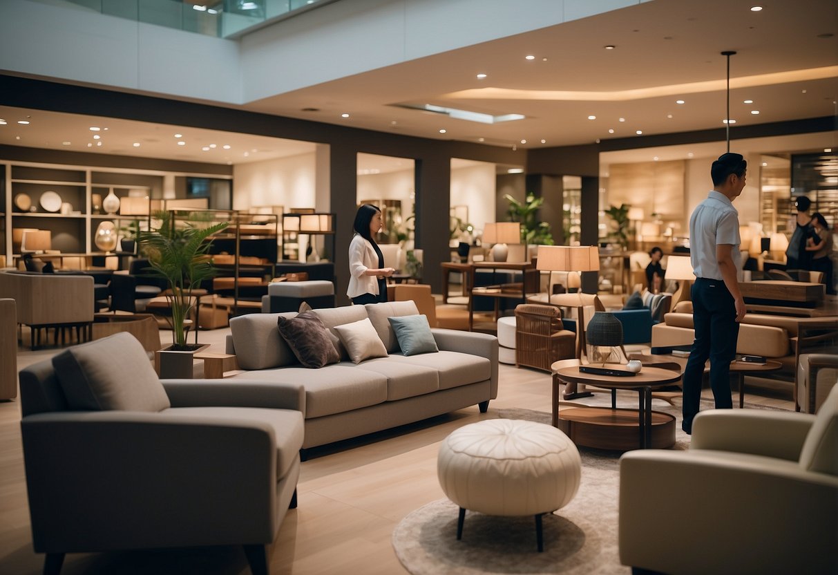 Customers browsing through a variety of furniture items in a well-organized and spacious showroom at the Paya Lebar furniture shop