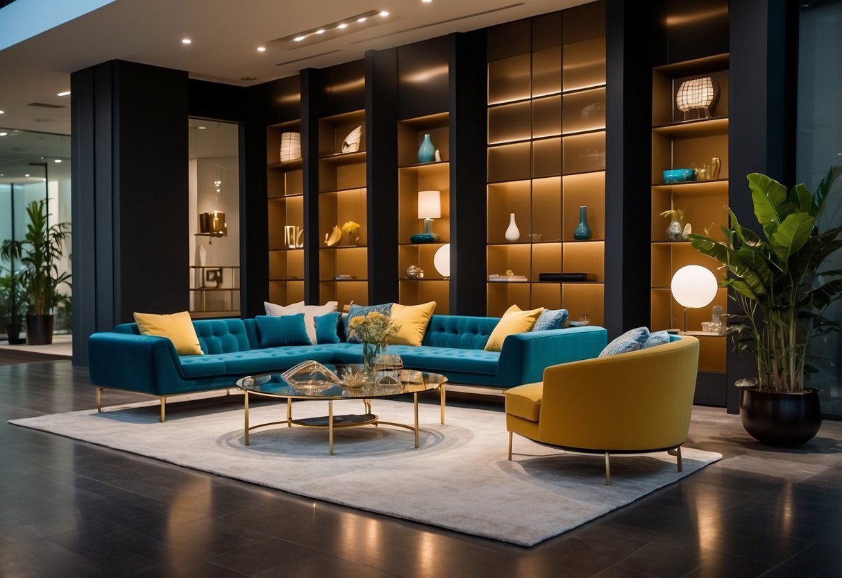 A modern furniture showroom in Singapore, with sleek designs and vibrant colors on display. Bright lighting highlights the clean lines and contemporary style of the pieces