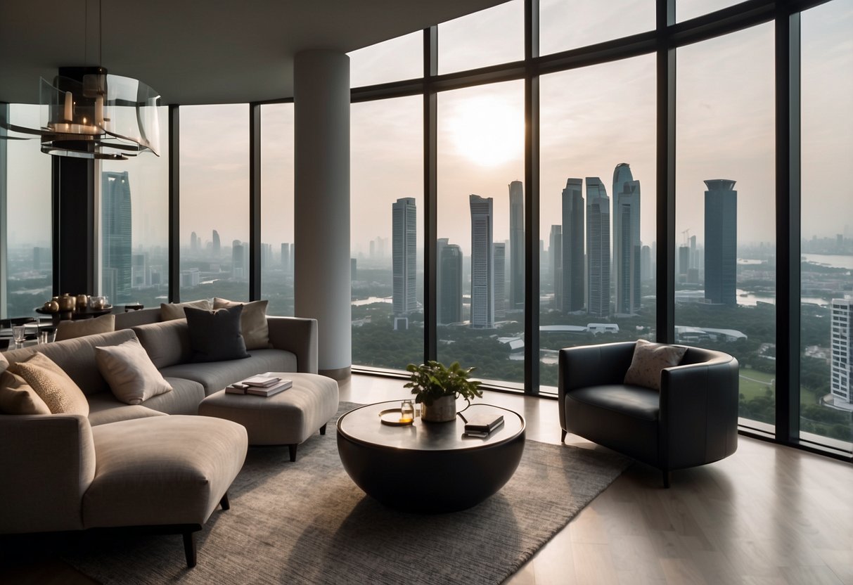 A modern living room with sleek, minimalist furniture in a high-rise apartment overlooking the city skyline of Singapore