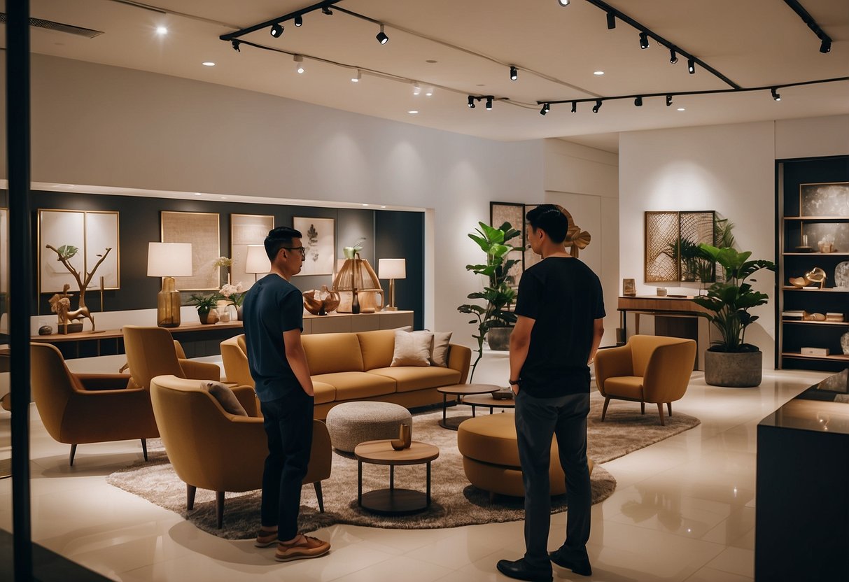 Customers browsing furniture displays in a spacious Singapore showroom, with modern and traditional pieces on display