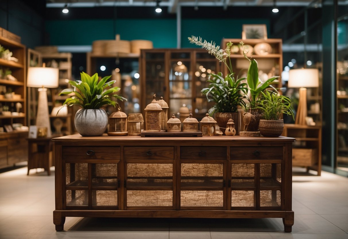 Local furniture shop showcases sustainable practices, with eco-friendly materials and local craftsmanship. Display of unique, handcrafted pieces reflects the beauty of Singaporean culture