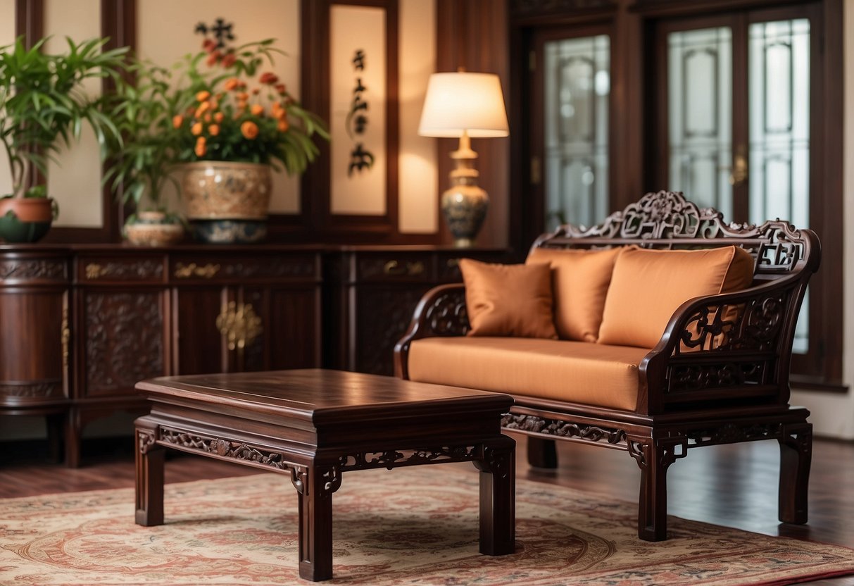 Antique Chinese rosewood furniture arranged in a traditional living room setting, with ornate carvings and intricate details