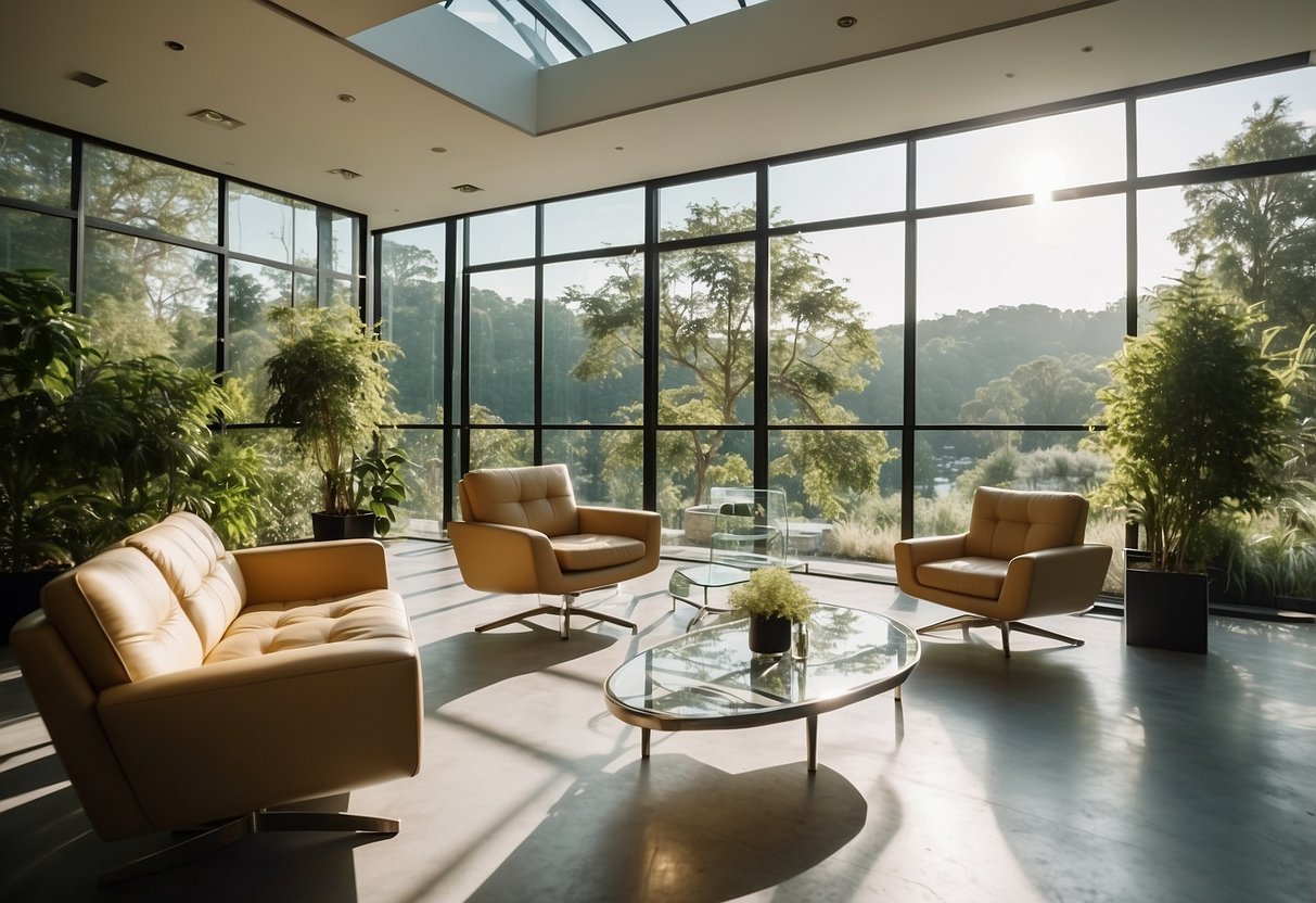 A modern, spacious showroom with sleek, floating furniture in various shapes and sizes, suspended in mid-air, surrounded by natural light and vibrant greenery