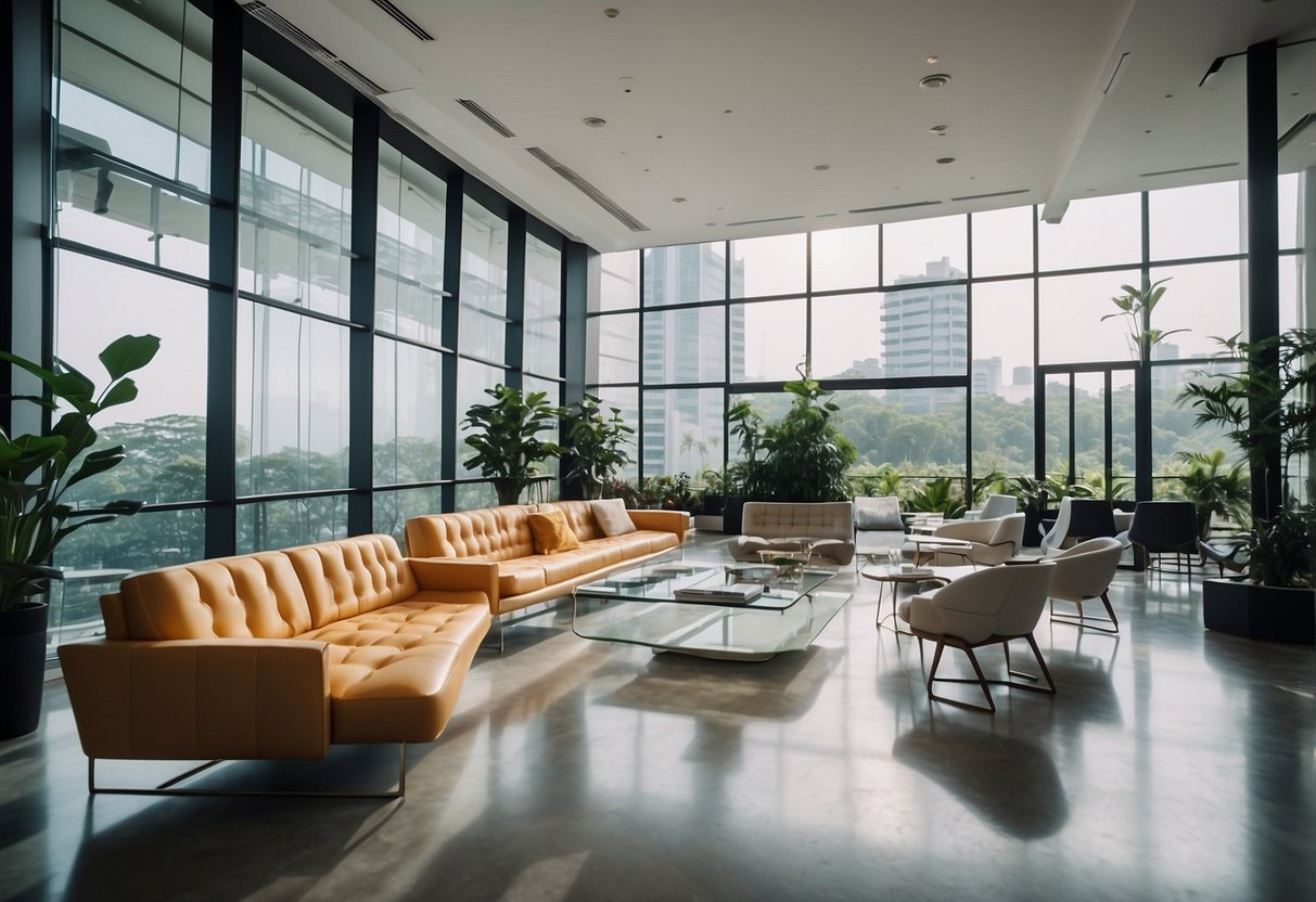 A bright, modern showroom in Singapore showcases a range of sleek and stylish air furniture, including chairs, sofas, and tables. The furniture appears to be floating effortlessly in the air, creating a sense of lightness and space