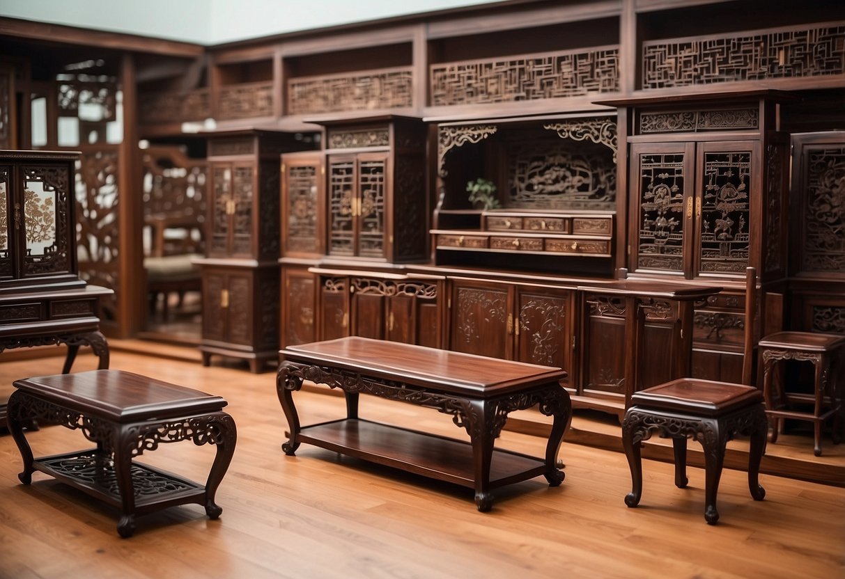An array of antique Chinese rosewood furniture, representing historical significance and various styles, fills a grand hall with intricate carvings and elegant craftsmanship