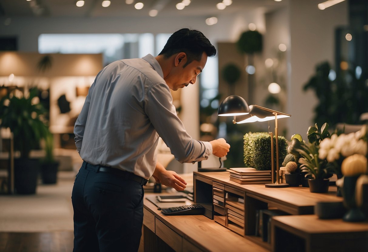 A customer browsing through a variety of furniture displayed in a showroom with a sign reading "Frequently Asked Questions" about selling furniture in Singapore