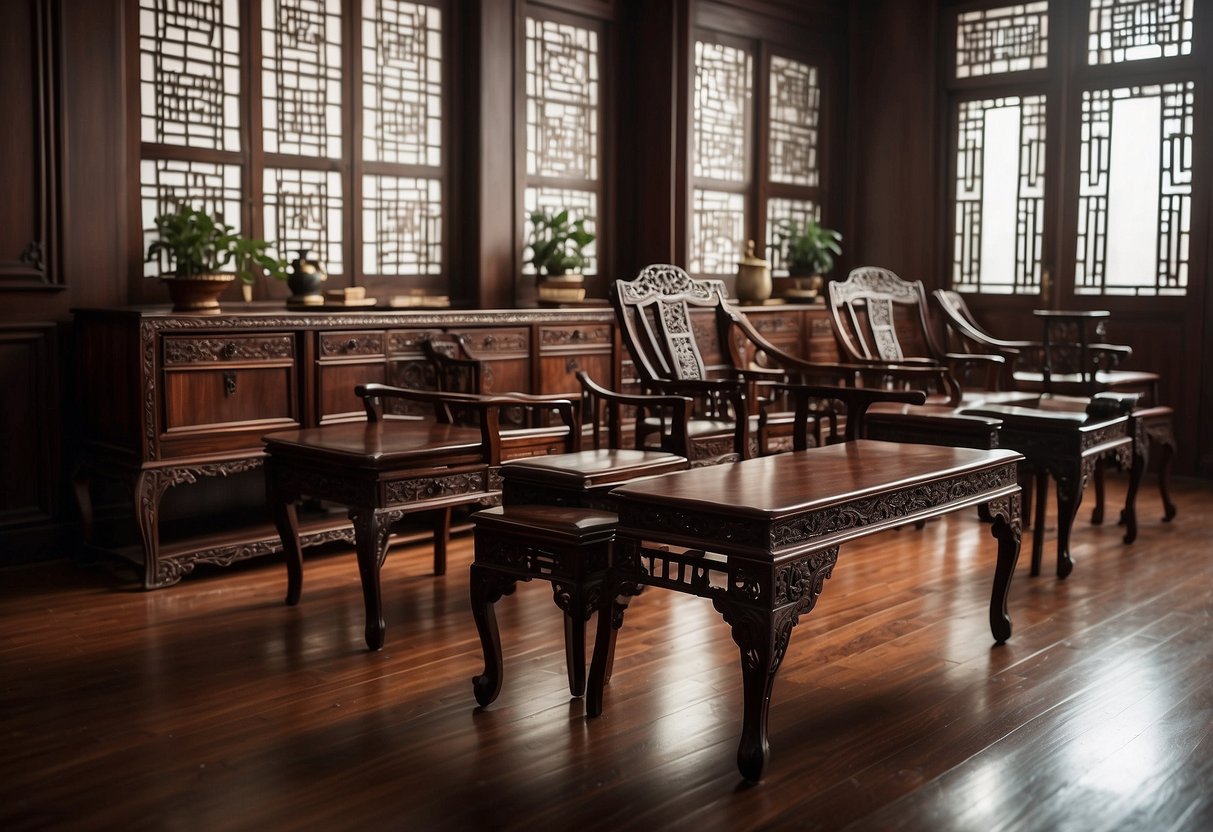 A room filled with antique Chinese rosewood furniture, carefully dusted and polished, with intricate carvings and rich, dark wood tones