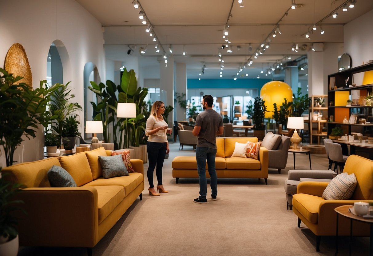 A busy furniture showroom with customers browsing and staff assisting. Bright lights and colorful displays create a welcoming atmosphere