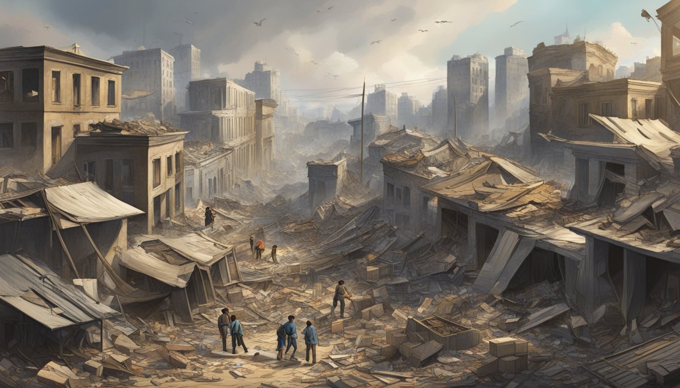 A devastated city with destroyed buildings, scattered debris, and displaced civilians seeking refuge