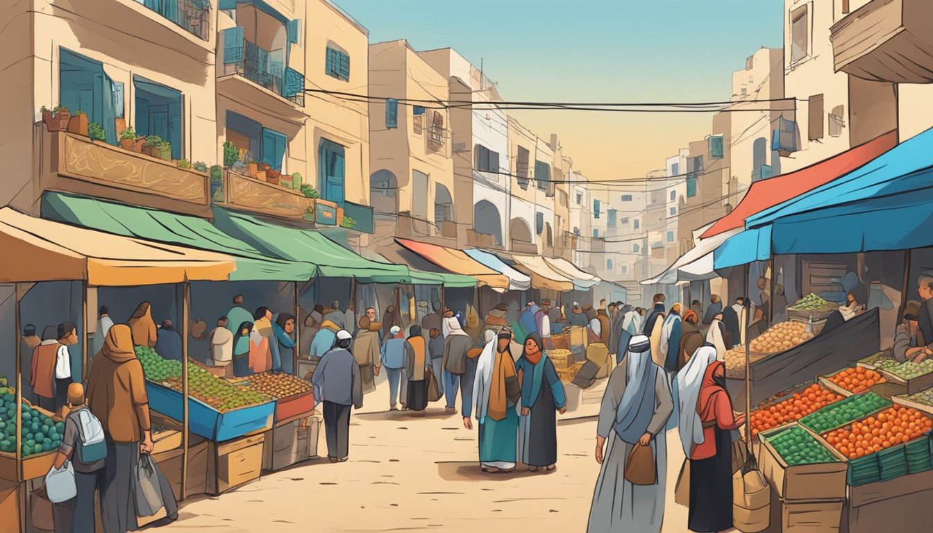 A bustling Palestinian market, filled with colorful stalls and busy shoppers. A sign reads "Support Palestine" as people engage in economic activity