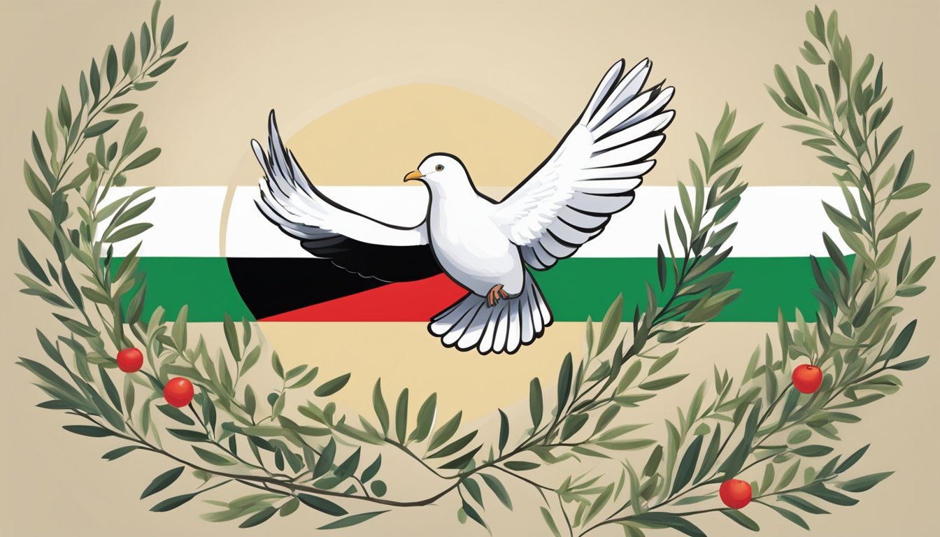 Prana symbolically supports Palestine with a dove flying over the country's flag, surrounded by olive branches and a message of peace